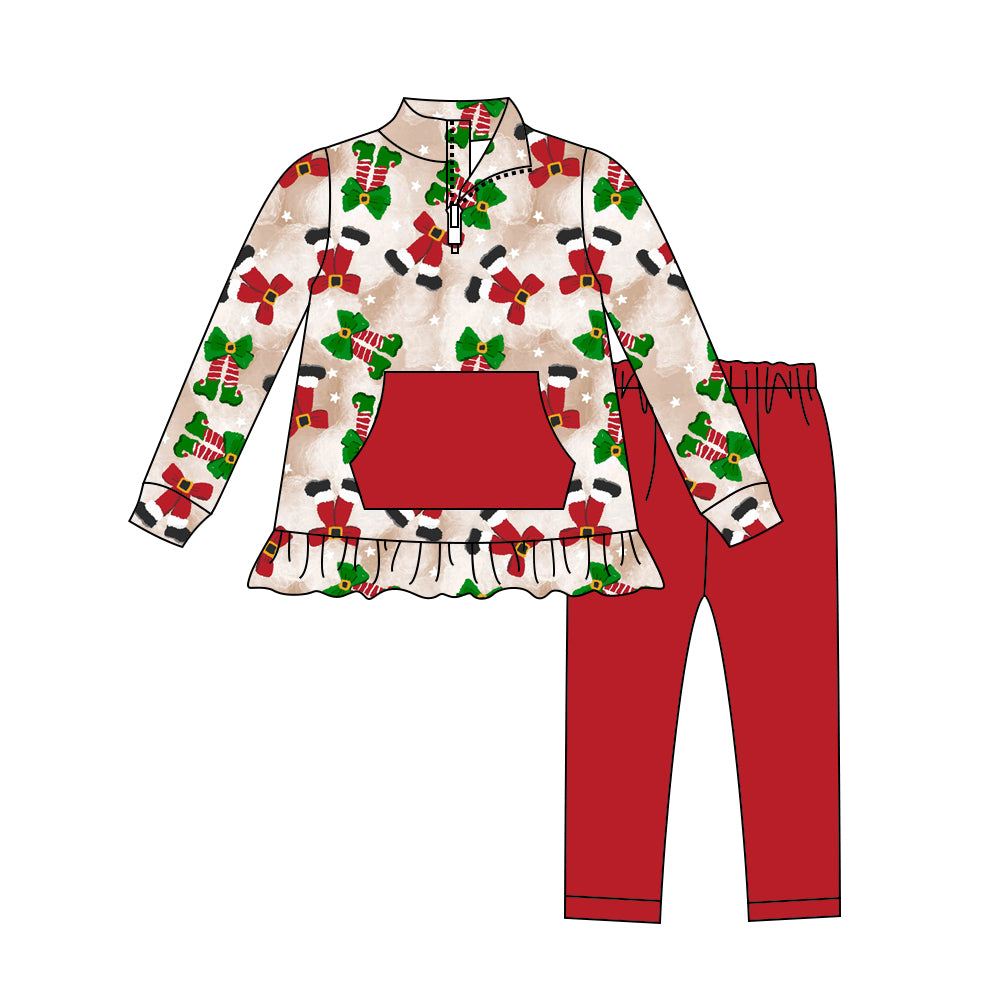 Preorder (moq 5)Baby Girls Long Sleeves Green Red Socks Pocket Zipper Top Legging Pants Set