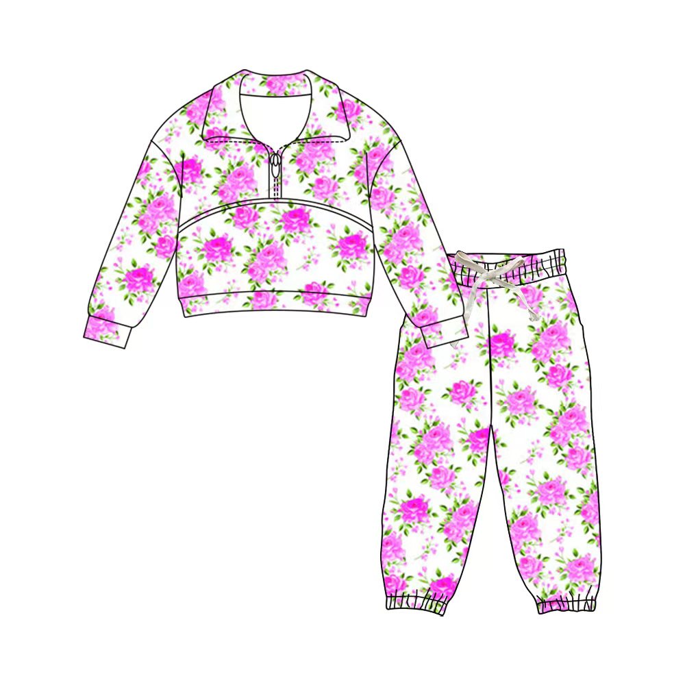 Preorder (moq 5)Baby Girls Hot Pink Flowers Zipper Pullover Jogger Pants Clothes Sets
