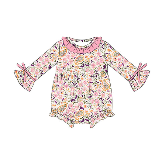 Preorder (moq 5)Baby Girls Pink Long Sleeves Floral Ruffle Rompers