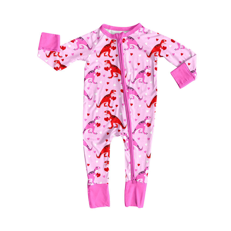 Preorder (moq 20)Baby Girls Bamboo Hearts Dinosaurs Valentines Zipper Footie Rompers