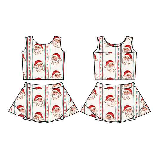 Preorder (moq 5)Baby Girls Sleeveless Santa Snowflake Stripes Vest Top Skorts Set