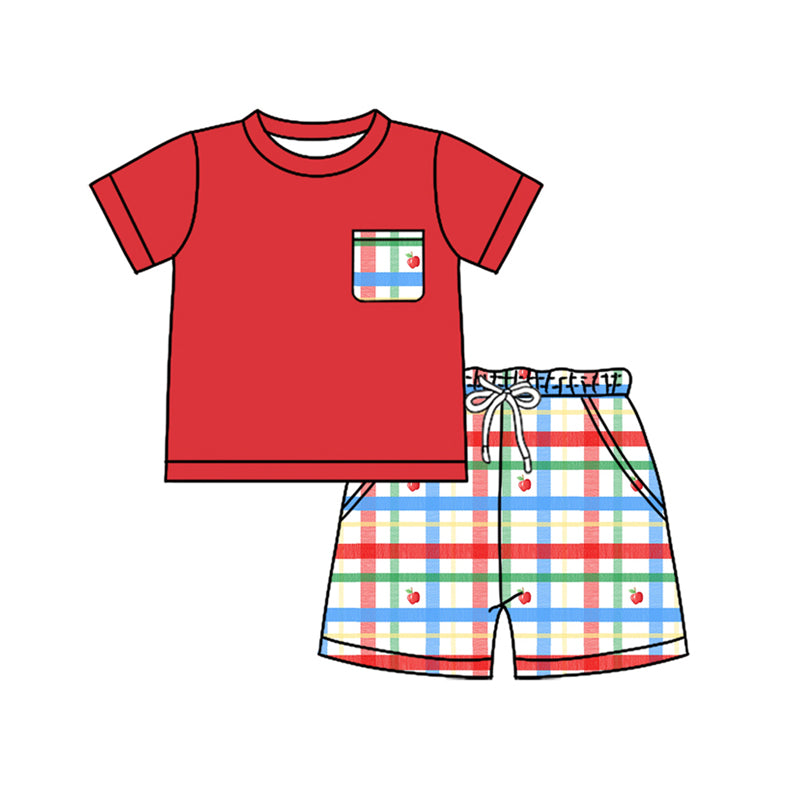 Preorder (moq 5)Baby Boys Red Short Sleeves Pocket Top Plaid Apples Short Set Preorder