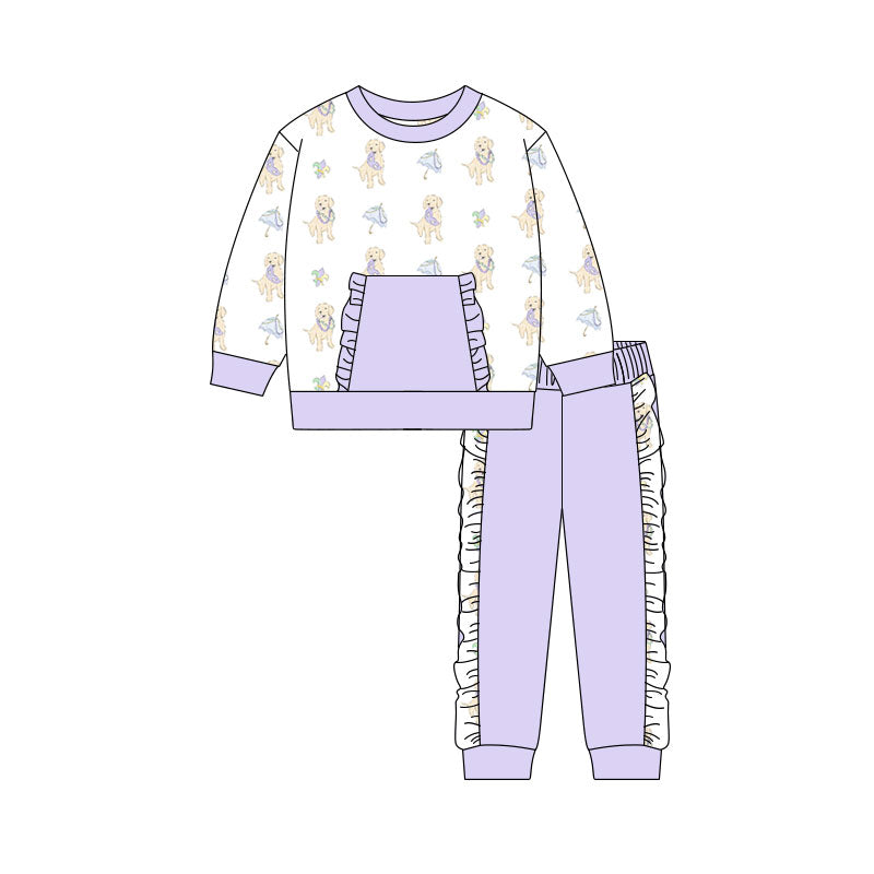 Preorder(moq 5) Baby Girls Dogs Anchors Pocket Top Ruffle Pants Madigras Clothes Sets