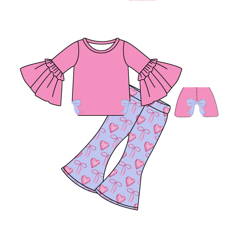 Preorder (moq 5)Baby Girls Pink Bell Sleeve Shirts Bows Hearts Bell Bottom Pants Valentine Clothes Sets