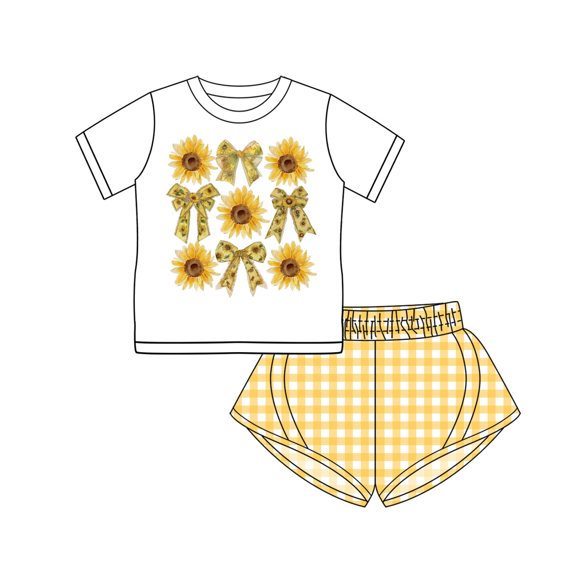 Preorder (moq 5)Baby Girls Short Sleeves Bows Sunflowers Top Yellow Plaid Yoga Short Set