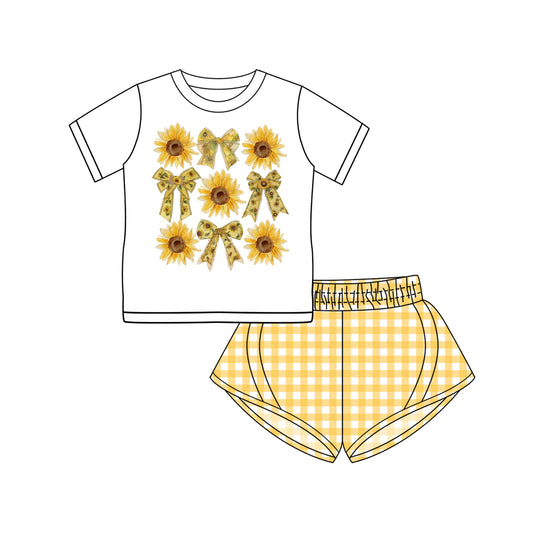 Preorder (moq 5)Baby Girls Short Sleeves Bows Sunflowers Top Yellow Plaid Yoga Short Set