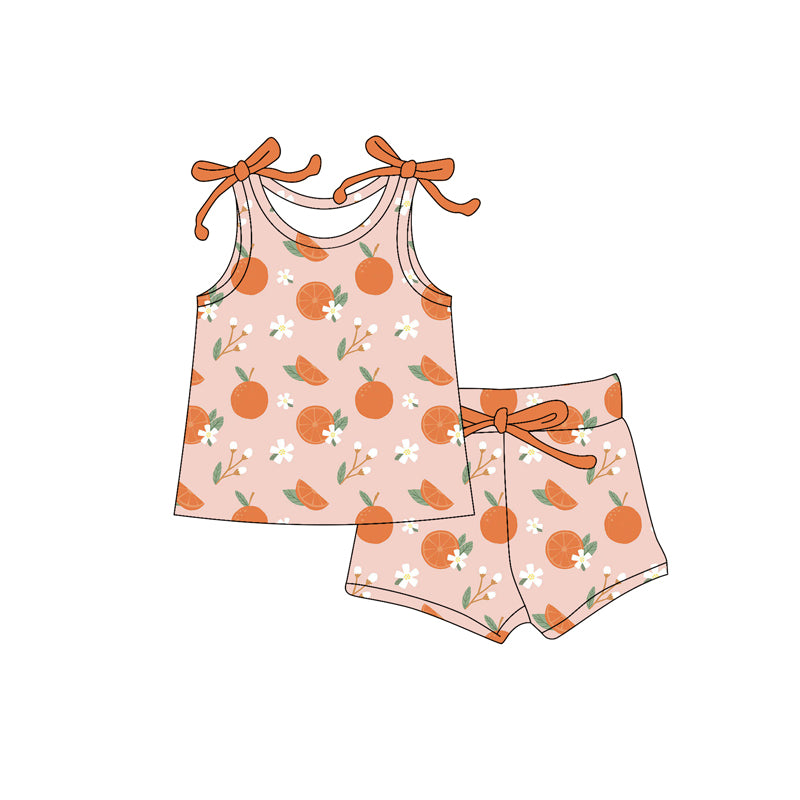 Preorder moq 5 Baby Girls Bows Sleeveless Oranges Flowers Top Short Set