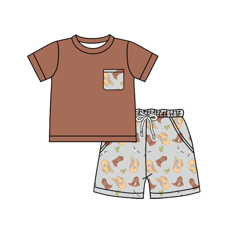 Preorder moq 5 Baby Boys Dark Brown Short Sleeves Pocket Top Hats Boots Short Set