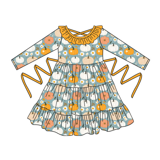 Preorder moq 5 Baby Girls Long Sleeves Flowers Pumpkins With Belt Ruffle Knee Length Dresses