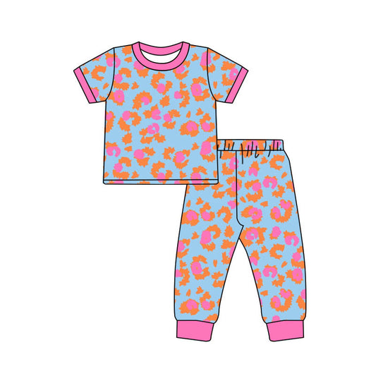 Preorder(moq 8)Baby Girls Orange Pink Leopard Top Pant Pajamas Sets