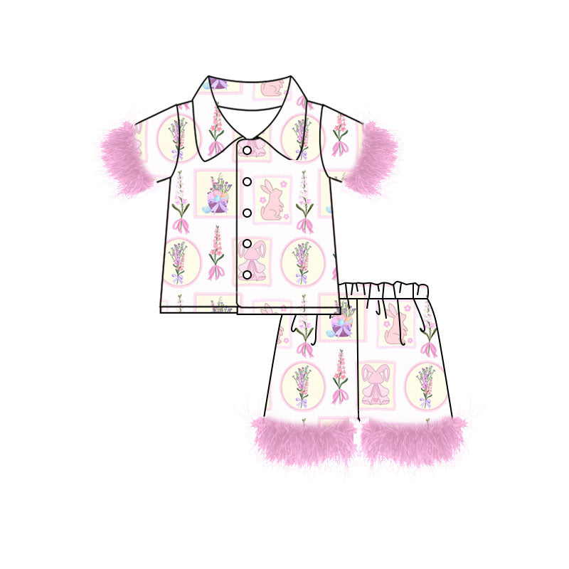 Preorder (moq 5)Baby Girls Flowers Rabbits Checked Button Top Shorts Easter Fur Pajamas Sets