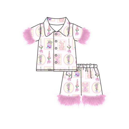 Preorder (moq 5)Baby Girls Flowers Rabbits Checked Button Top Shorts Easter Fur Pajamas Sets
