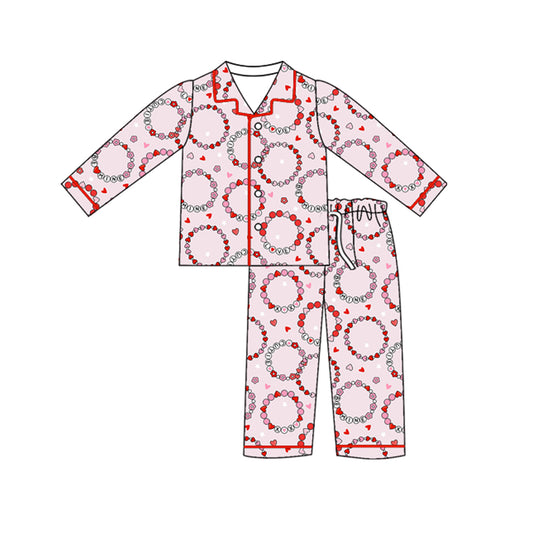 Preorder moq 5 Adult Women Long Sleeves Pink Flowers Hearts Button Top Pant Pajamas Set