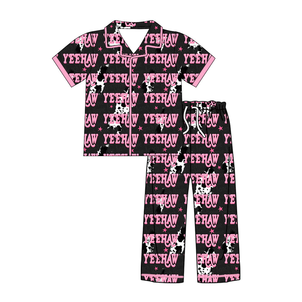 Preorder (moq 5)Baby Kids Short Sleeve Cow Print Lights Yeehaw Button Top Pants Western Pajamas Sets