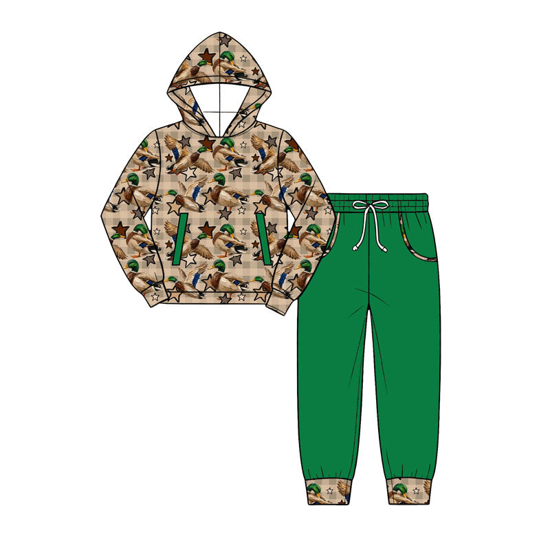 Preorder (moq 5) Baby Boy Clothes Mallard Duck Star Plaid Print Hoodie Top Green Jogger Pants Outfit Set
