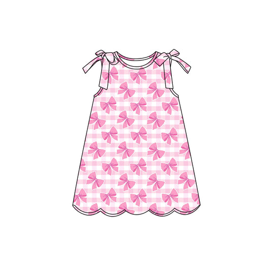 Preorder (moq 5)Baby Girls Sleeveless Pink Bows Checked Scallop Knee Length Dresses