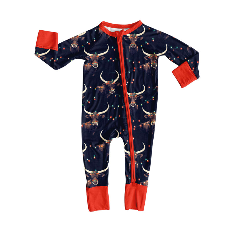 Preorder (moq 20)Baby Boys Bamboo Bull Skull Lights Christmas Zippy Footie Rompers