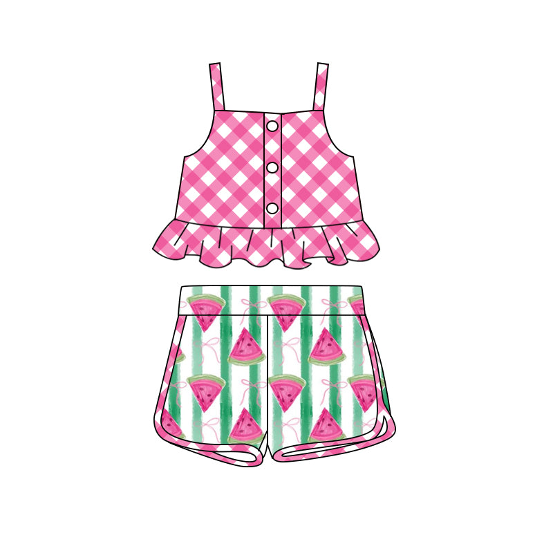 Preorder (moq 5)Baby Girls Checkered Straps Top Watermelon Shorts Clothes Sets