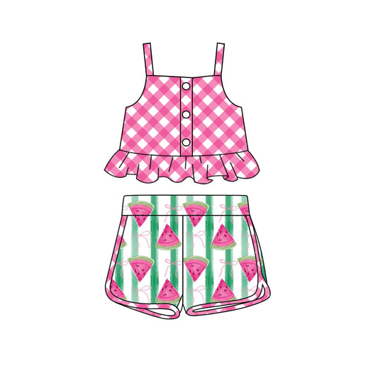 Preorder (moq 5)Baby Girls Checkered Straps Top Watermelon Shorts Clothes Sets