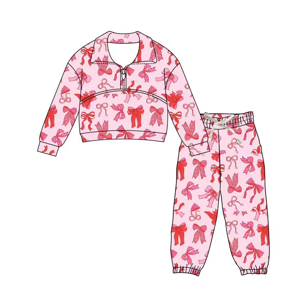Preorder (moq 5)Baby Girls Pink Bows Plaid Zipper Pullover Jogger Pants Valentines Clothes Sets