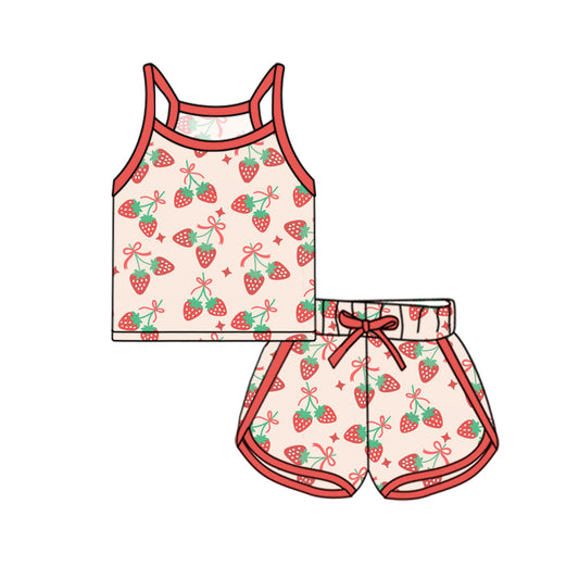 Preorder (moq 5)Baby Girls Peach Strap Bows Strawberry Top Short Sport Set Preorder