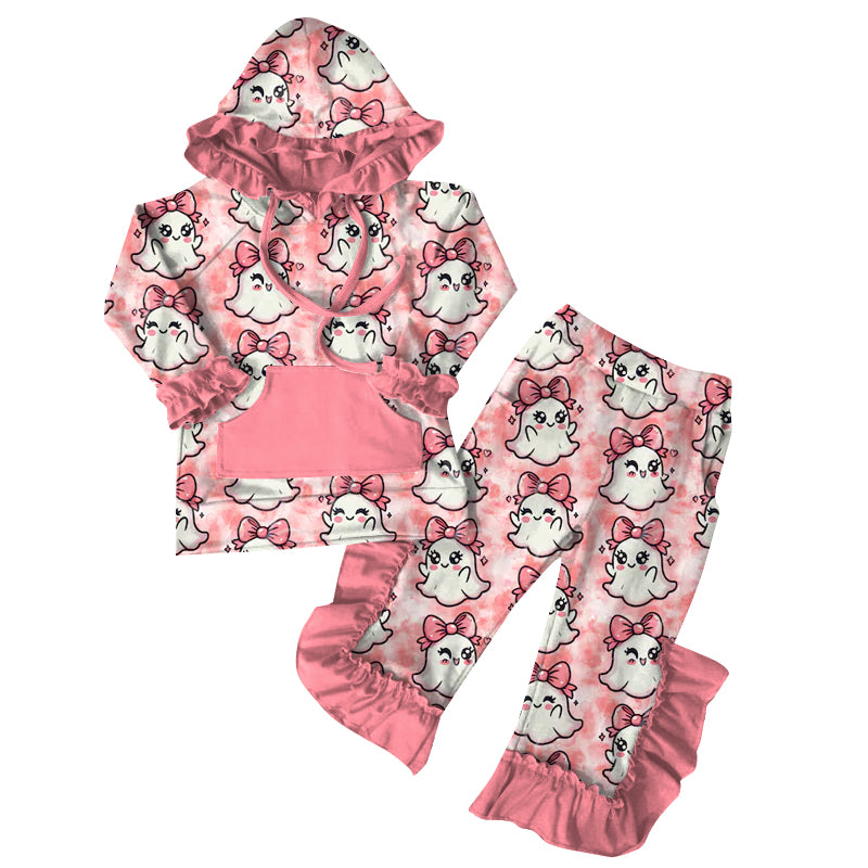 Preorder (moq 5)Baby Girls Pink Long Ruffle Sleeves Bows Ghosts Pocket Hoodies Pant Set