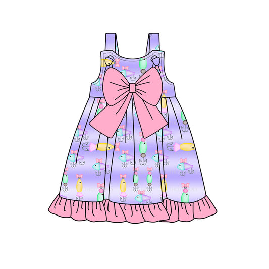 Preorder (moq 5)Baby Girls Purple Fishing Bows Knee Length Dresses