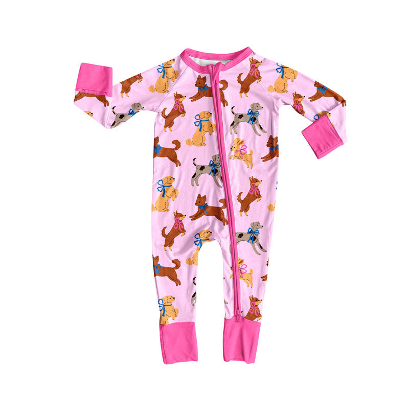 Preorder (moq 5)Baby Girls Bows Dogs Valentine Zipper Footie Rompers