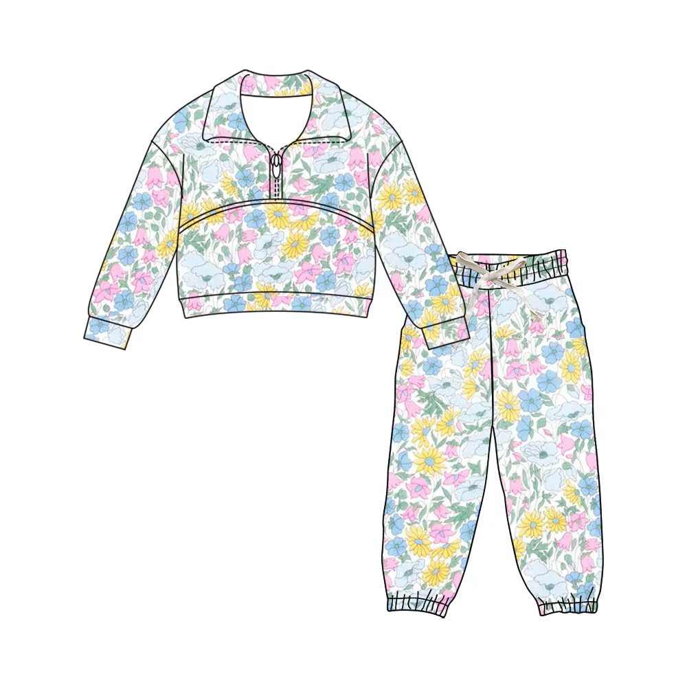 Preorder (moq 5)Baby Girls Colorful Flowers Zipper Pullover Jogger Pants Clothes Sets
