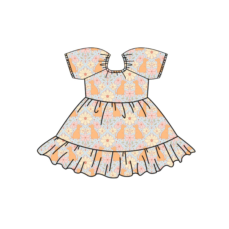 Preorder (moq 5)Baby Girls Colorful Flowers Dogs Ruffle Knee Length Dresses