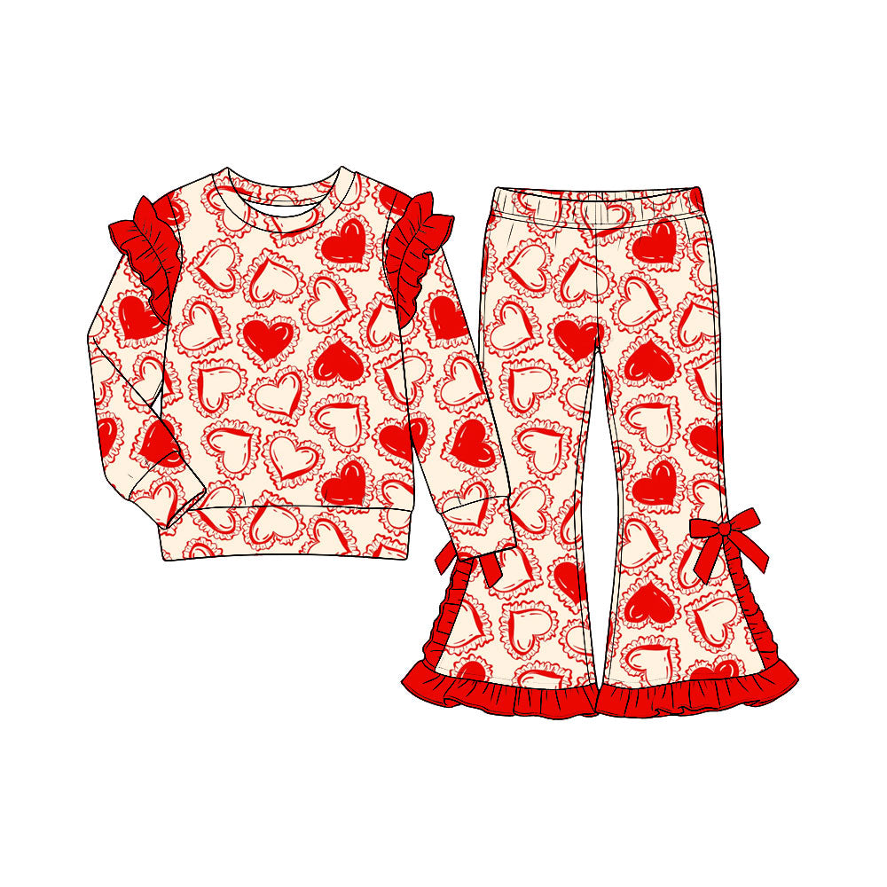 Preorder (moq 5) Baby Girl Red Lace Heart Print Long Sleeve Ruffle Shoulder Top Ruffle Hem Bow Flare Pant Set