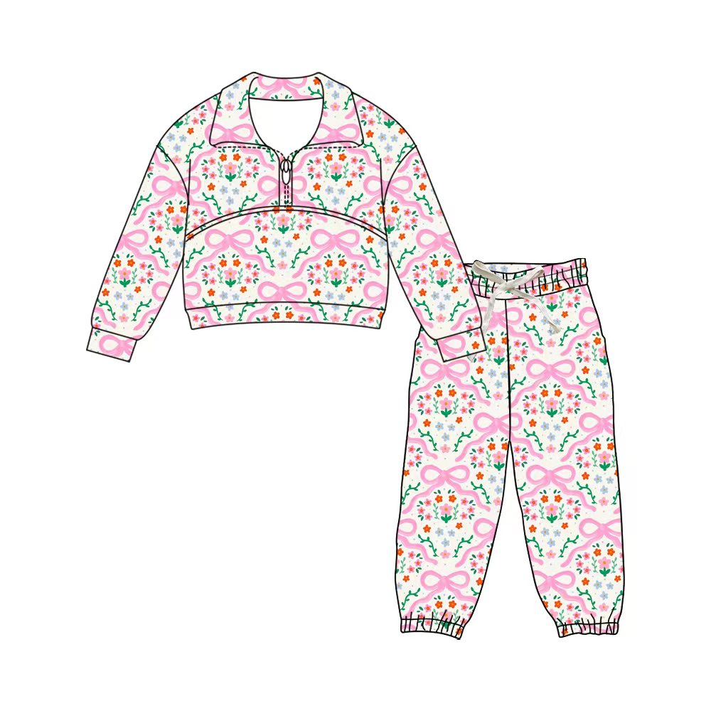 Preorder (moq 5)Baby Girls Pink Bows Flowers Zipper Pullover Jogger Pants Clothes Sets