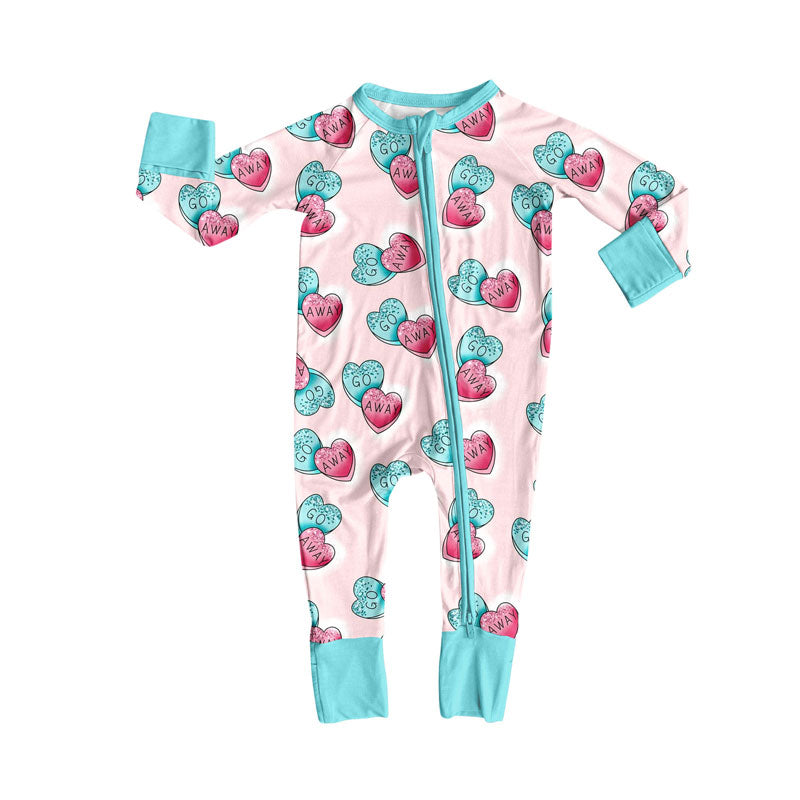 Preorder (moq 20)Baby Girls Bamboo Blue Pink Go Away Hearts Valentine Zipper Footie Rompers
