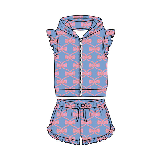 Preorder (moq 5)Baby Girls Pink Bows Checked Hoodie Zip Jacket Ruffle Short Clothes Sets