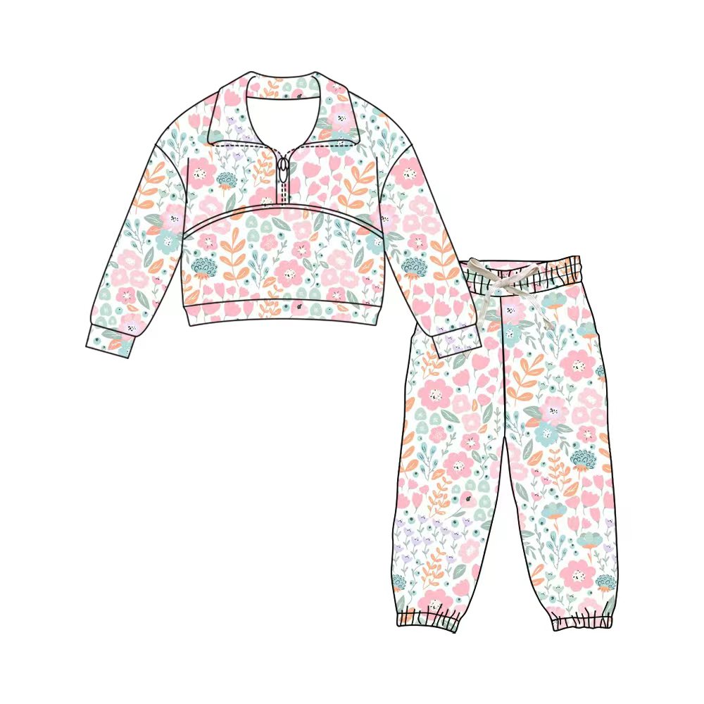 Preorder (moq 5)Baby Girls Colorful Flowers Zipper Pullover Jogger Pants Clothes Sets