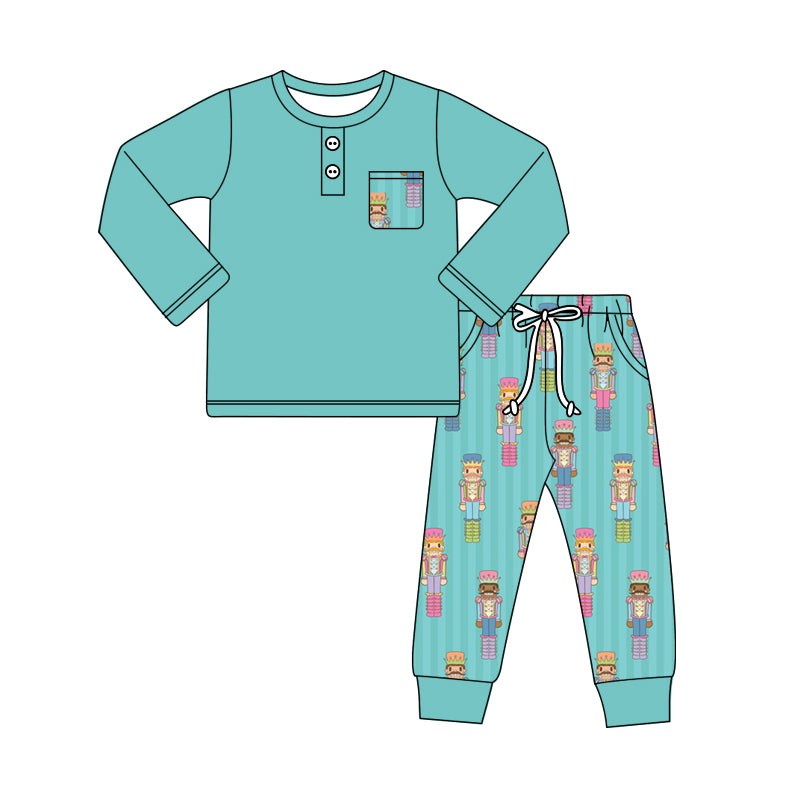 Preorder (moq 5)Baby Boys Green Long Sleeves Button Pocket Top Soldier Stripe Legging Pant Sets