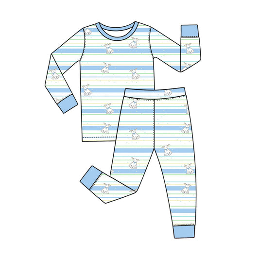 Preorder (moq 5) Baby Boy Clothes Easter Blue Stripe Bunny Print Long Sleeve Pajama Set