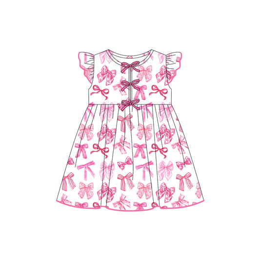 Preorder (moq 5)Baby Girls Flutter Sleeves Pink Bows Plaid Knee Length Dresses