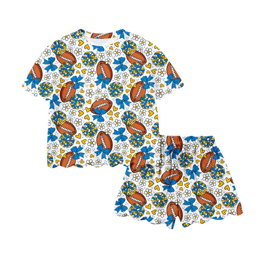 Preorder (moq 5)Baby Girls Blue Bows Footballs Top Scallop Shorts Team Cheer Clothes Sets