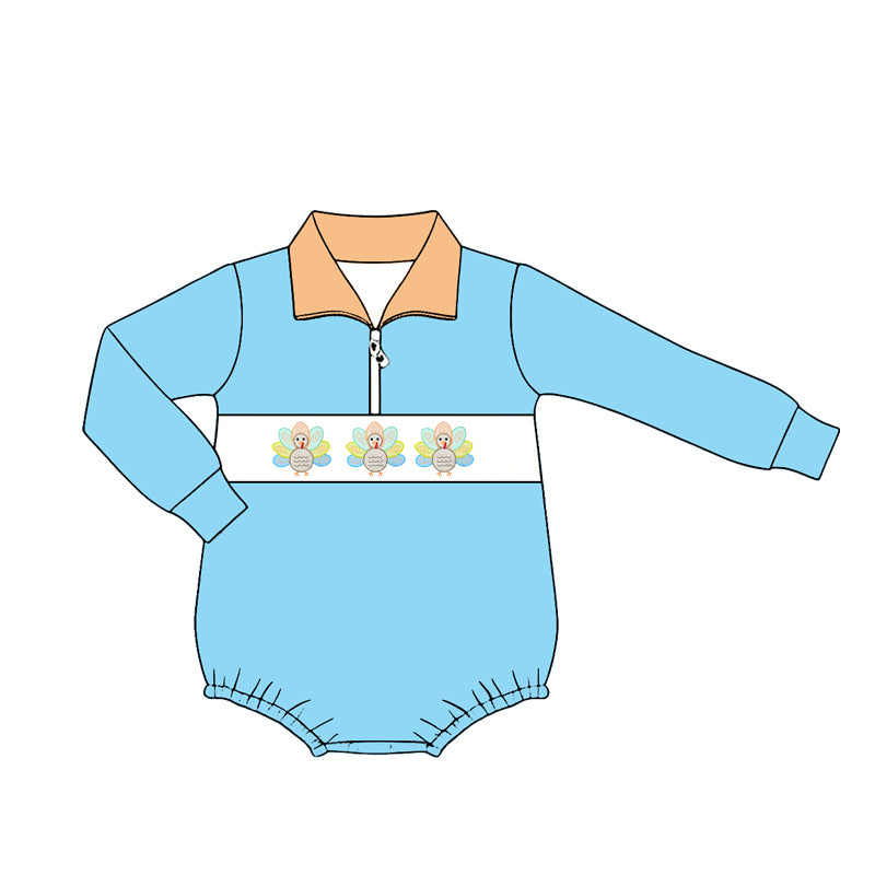 Preorder (moq 5)Baby Boys Blue Long Sleeve Turkey Thanksgiving Zip Rompers