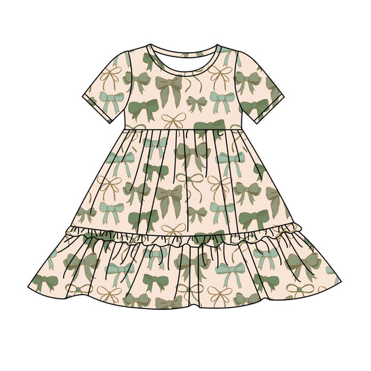Preorder(moq 8)Baby Girls Green Blue Bows Plaid Ruffle Knee Length Dresses