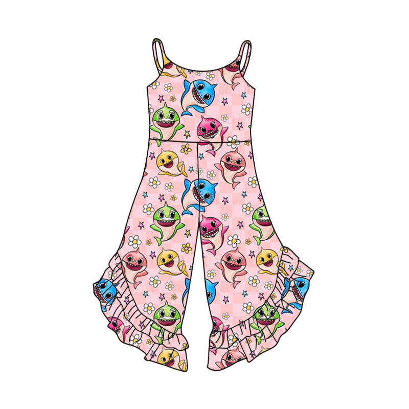 Preorder (moq 5)Baby Girls Pink Strap Cartoon Sharks Floral Bell Bottom Jumpsuits