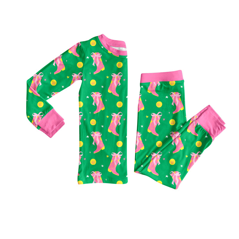Preorder (moq 5)Baby Girls Bows Boots Smiles Plaid Top Pant Pajamas Set