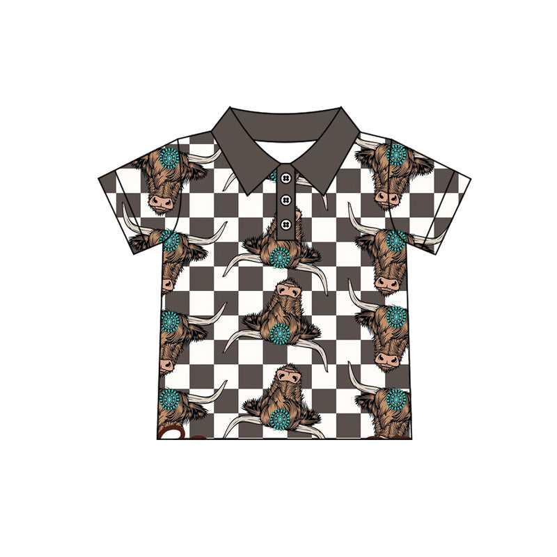 Preorder (moq 5)Baby Boys Western Black Checkered Highland Cow Pullovers Tee Shirts