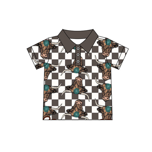 Preorder (moq 5)Baby Boys Western Black Checkered Highland Cow Pullovers Tee Shirts