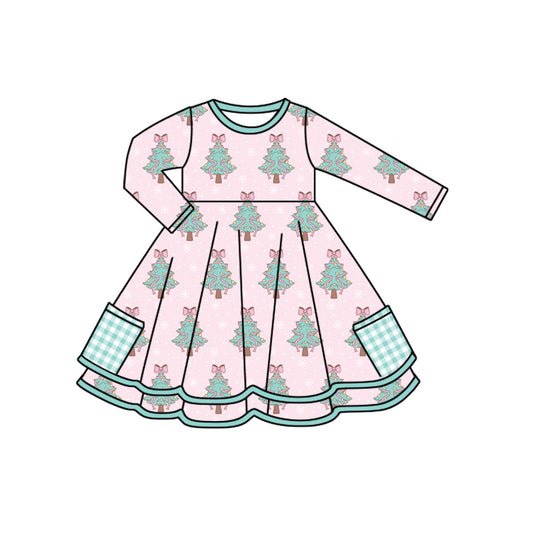 Preorder (moq 5)Baby Girls Long Sleeves Bows Christmas Trees Plaid Pockets Knee Length Dresses