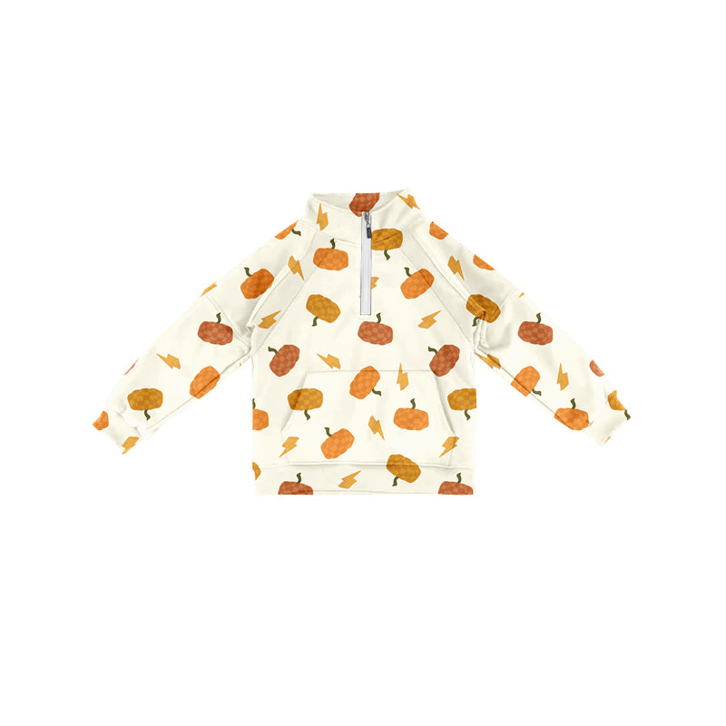 Preorder (moq 5)Baby Girls Long Sleeves Pumpkins Lightning Pocket Zipper Pullovers Top