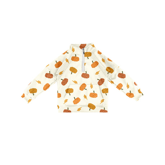 Preorder (moq 5)Baby Girls Long Sleeves Pumpkins Lightning Pocket Zipper Pullovers Top