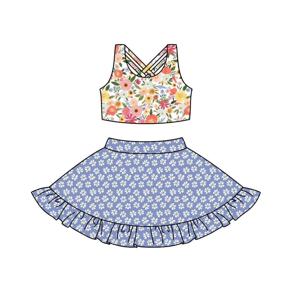 Preorder (moq 5)Baby Girls Yellow Sleeveless Floral Vest Top Blue Ruffle Shirts Clothes Sets