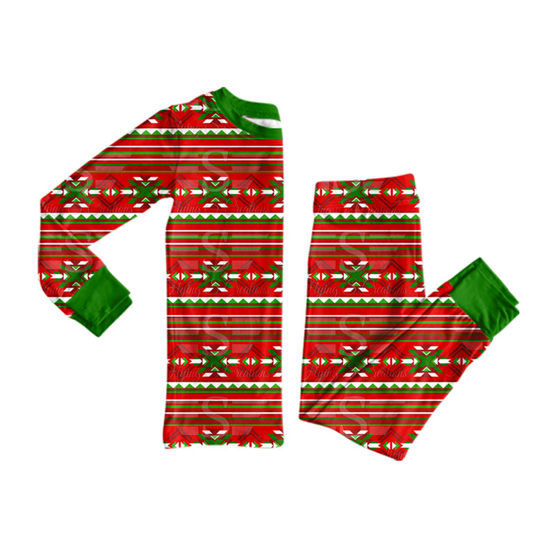Preorder (moq 5)Baby Boys Red Green Stripe Aztec Print Top Pant Christmas Pajamas Set